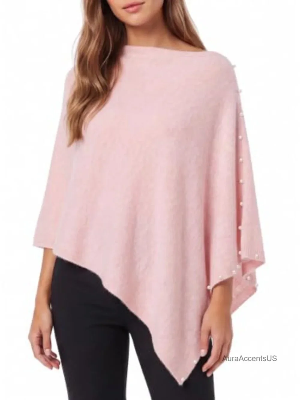 Women's Knitted Poncho Shawl Sweater Pearl Trim Lightweight Cape